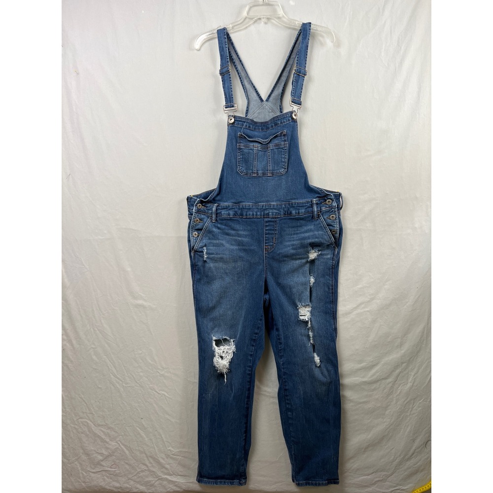 Torrid Overalls Women 16 Blue Distressed Denim First At Fit Tapered Leg Hipster